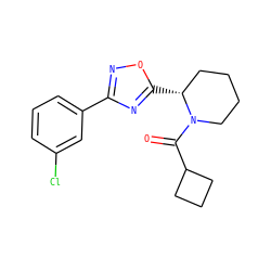 O=C(C1CCC1)N1CCCC[C@H]1c1nc(-c2cccc(Cl)c2)no1 ZINC000035280862