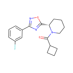 O=C(C1CCC1)N1CCCC[C@H]1c1nc(-c2cccc(F)c2)no1 ZINC000071342099