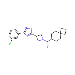 O=C(C1CCC2(CCC2)CC1)N1CC(c2nc(-c3cccc(Cl)c3)no2)C1 ZINC000095575421