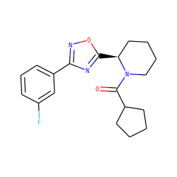 O=C(C1CCCC1)N1CCCC[C@@H]1c1nc(-c2cccc(F)c2)no1 ZINC000071420875