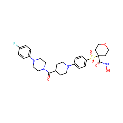 O=C(C1CCN(c2ccc(S(=O)(=O)C3(C(=O)NO)CCOCC3)cc2)CC1)N1CCN(c2ccc(F)cc2)CC1 ZINC000049793599