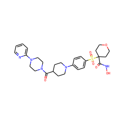 O=C(C1CCN(c2ccc(S(=O)(=O)C3(C(=O)NO)CCOCC3)cc2)CC1)N1CCN(c2ccccn2)CC1 ZINC000049775631