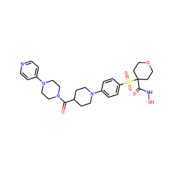 O=C(C1CCN(c2ccc(S(=O)(=O)C3(C(=O)NO)CCOCC3)cc2)CC1)N1CCN(c2ccncc2)CC1 ZINC000049777168