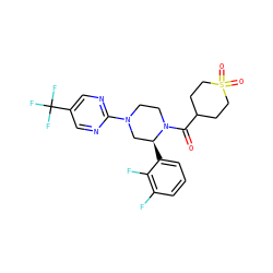 O=C(C1CCS(=O)(=O)CC1)N1CCN(c2ncc(C(F)(F)F)cn2)C[C@@H]1c1cccc(F)c1F ZINC001772648121