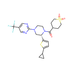 O=C(C1CCS(=O)(=O)CC1)N1CCN(c2ncc(C(F)(F)F)cn2)C[C@H]1c1ccc(C2CC2)s1 ZINC001772607008