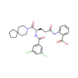O=C(CC[C@@H](NC(=O)c1cc(Cl)cc(Cl)c1)C(=O)N1CCC2(CCCC2)CC1)Nc1ccccc1C(=O)O ZINC000029217340