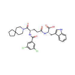 O=C(CC[C@H](NC(=O)c1cc(Cl)cc(Cl)c1)C(=O)N1CCC2(CCCC2)CC1)N[C@@H](Cc1c[nH]c2ccccc12)C(=O)O ZINC000003932814