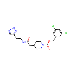 O=C(CC1CCN(C(=O)OCc2cc(Cl)cc(Cl)c2)CC1)NCCc1cn[nH]n1 ZINC000217887249