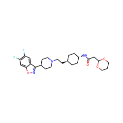 O=C(CC1OCCCO1)N[C@H]1CC[C@H](CCN2CCC(c3noc4cc(F)c(F)cc34)CC2)CC1 ZINC001772578859