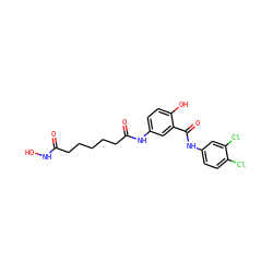 O=C(CCCCCC(=O)Nc1ccc(O)c(C(=O)Nc2ccc(Cl)c(Cl)c2)c1)NO ZINC000084670578