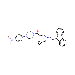 O=C(CCN(CCC1c2ccccc2-c2ccccc21)CC1CC1)N1CCN(c2ccc([N+](=O)[O-])cc2)CC1 ZINC000040892304