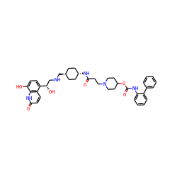 O=C(CCN1CCC(OC(=O)Nc2ccccc2-c2ccccc2)CC1)N[C@H]1CC[C@H](CNC[C@H](O)c2ccc(O)c3[nH]c(=O)ccc23)CC1 ZINC000299868207