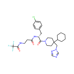 O=C(CCNC(=O)C(F)(F)F)N[C@H](Cc1ccc(Cl)cc1)C(=O)N1CCC(Cn2cncn2)(C2CCCCC2)CC1 ZINC000027433891