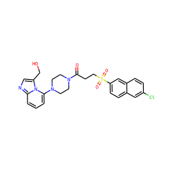 O=C(CCS(=O)(=O)c1ccc2cc(Cl)ccc2c1)N1CCN(c2cccc3ncc(CO)n23)CC1 ZINC000029055863
