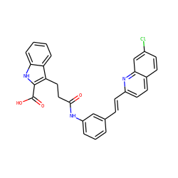 O=C(CCc1c(C(=O)O)[nH]c2ccccc12)Nc1cccc(/C=C/c2ccc3ccc(Cl)cc3n2)c1 ZINC000653817013