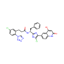 O=C(CCc1cc(Cl)ccc1-n1cnnn1)N[C@@H](Cc1ccccc1)c1nc(-c2ccc3[nH]c(=O)cc(O)c3c2)c(Cl)[nH]1 ZINC000115470791