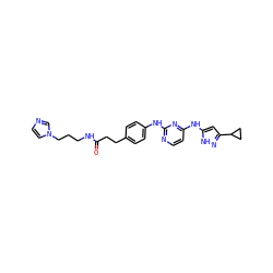 O=C(CCc1ccc(Nc2nccc(Nc3cc(C4CC4)n[nH]3)n2)cc1)NCCCn1ccnc1 ZINC000139871209
