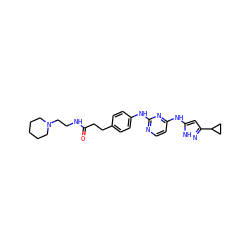 O=C(CCc1ccc(Nc2nccc(Nc3cc(C4CC4)n[nH]3)n2)cc1)NCCN1CCCCC1 ZINC000035935765
