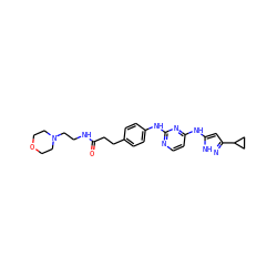 O=C(CCc1ccc(Nc2nccc(Nc3cc(C4CC4)n[nH]3)n2)cc1)NCCN1CCOCC1 ZINC000140418554