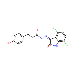 O=C(CCc1ccc(O)cc1)N/N=C1\C(=O)Nc2c(Cl)ccc(Cl)c21 ZINC000072177287