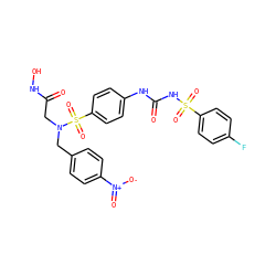 O=C(CN(Cc1ccc([N+](=O)[O-])cc1)S(=O)(=O)c1ccc(NC(=O)NS(=O)(=O)c2ccc(F)cc2)cc1)NO ZINC000029550828
