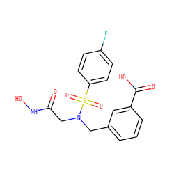 O=C(CN(Cc1cccc(C(=O)O)c1)S(=O)(=O)c1ccc(F)cc1)NO ZINC001772620482