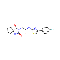 O=C(CN1C(=O)NC2(CCCC2)C1=O)Nc1nc(-c2ccc(F)cc2)cs1 ZINC000002632869