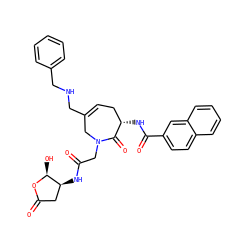 O=C(CN1CC(CNCc2ccccc2)=CC[C@H](NC(=O)c2ccc3ccccc3c2)C1=O)N[C@H]1CC(=O)O[C@H]1O ZINC000028713447