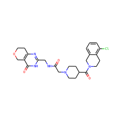 O=C(CN1CCC(C(=O)N2CCc3c(Cl)cccc3C2)CC1)NCc1nc2c(c(=O)[nH]1)COCC2 ZINC000208820139