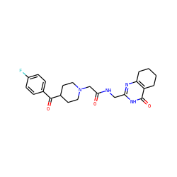 O=C(CN1CCC(C(=O)c2ccc(F)cc2)CC1)NCc1nc2c(c(=O)[nH]1)CCCC2 ZINC000208834320