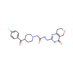 O=C(CN1CCC(C(=O)c2ccc(F)cc2)CC1)NCc1nc2c(c(=O)[nH]1)COCC2 ZINC000096283571