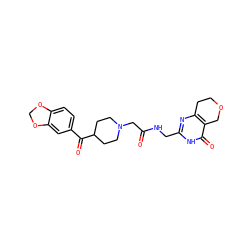 O=C(CN1CCC(C(=O)c2ccc3c(c2)OCO3)CC1)NCc1nc2c(c(=O)[nH]1)COCC2 ZINC000208814269