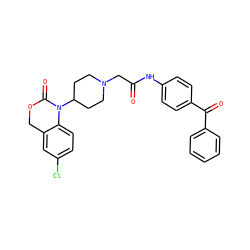 O=C(CN1CCC(N2C(=O)OCc3cc(Cl)ccc32)CC1)Nc1ccc(C(=O)c2ccccc2)cc1 ZINC000013612757