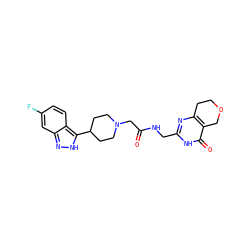 O=C(CN1CCC(c2[nH]nc3cc(F)ccc23)CC1)NCc1nc2c(c(=O)[nH]1)COCC2 ZINC000208826884