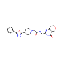 O=C(CN1CCC(c2nnc(-c3ccccc3)o2)CC1)NCc1nc2c(c(=O)[nH]1)COCC2 ZINC000208798855
