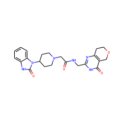 O=C(CN1CCC(n2c(=O)[nH]c3ccccc32)CC1)NCc1nc2c(c(=O)[nH]1)COCC2 ZINC000208818666