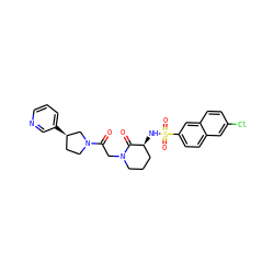 O=C(CN1CCC[C@H](NS(=O)(=O)c2ccc3cc(Cl)ccc3c2)C1=O)N1CC[C@@H](c2cccnc2)C1 ZINC000073161033