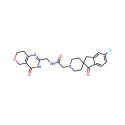O=C(CN1CCC2(CC1)Cc1cc(F)ccc1C2=O)NCc1nc2c(c(=O)[nH]1)COCC2 ZINC000145403194
