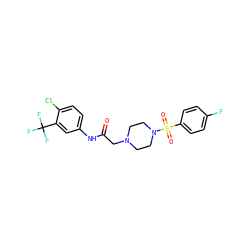 O=C(CN1CCN(S(=O)(=O)c2ccc(F)cc2)CC1)Nc1ccc(Cl)c(C(F)(F)F)c1 ZINC000036227559