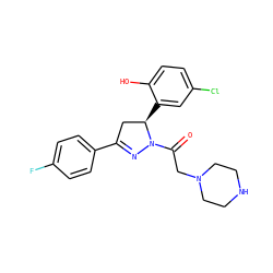O=C(CN1CCNCC1)N1N=C(c2ccc(F)cc2)C[C@H]1c1cc(Cl)ccc1O ZINC000299863668