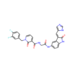 O=C(CNC(=O)c1cccn(Cc2ccc(F)c(F)c2)c1=O)Nc1ccc2c(c1)/C(=C/c1cnc[nH]1)C(=O)N2 ZINC000653874656
