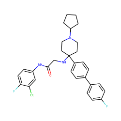 O=C(CNC1(c2ccc(-c3ccc(F)cc3)cc2)CCN(C2CCCC2)CC1)Nc1ccc(F)c(Cl)c1 ZINC000038157906