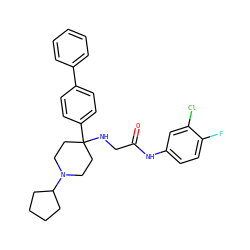 O=C(CNC1(c2ccc(-c3ccccc3)cc2)CCN(C2CCCC2)CC1)Nc1ccc(F)c(Cl)c1 ZINC000034379896