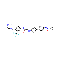 O=C(CNc1ccc(-c2ccc(NC(=O)C3CC3)nc2)cc1)Nc1ccc(CN2CCNCC2)c(C(F)(F)F)c1 ZINC000148088768