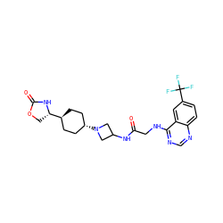 O=C(CNc1ncnc2ccc(C(F)(F)F)cc12)NC1CN([C@H]2CC[C@H]([C@@H]3COC(=O)N3)CC2)C1 ZINC000149221864