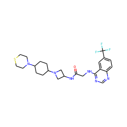 O=C(CNc1ncnc2ccc(C(F)(F)F)cc12)NC1CN(C2CCC(N3CCSCC3)CC2)C1 ZINC000149000451