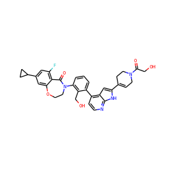 O=C(CO)N1CC=C(c2cc3c(-c4cccc(N5CCOc6cc(C7CC7)cc(F)c6C5=O)c4CO)ccnc3[nH]2)CC1 ZINC001772656108