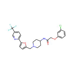 O=C(COc1cccc(Cl)c1)NC1CCN(Cc2ccc(-c3ccc(C(F)(F)F)cn3)o2)CC1 ZINC000040891580
