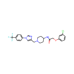 O=C(COc1cccc(Cl)c1)NC1CCN(Cc2cn(-c3ccc(C(F)(F)F)cc3)cn2)CC1 ZINC000040421504