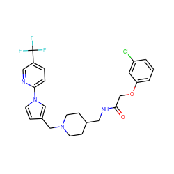 O=C(COc1cccc(Cl)c1)NCC1CCN(Cc2ccn(-c3ccc(C(F)(F)F)cn3)c2)CC1 ZINC000040980731